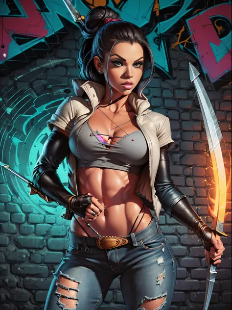 Very aesthetic inkpunk illustration, Alison Tyler, (((wielding a magic spear in his right hand))), sentada em uma cadeira simples, corpo inteiro, separated-lips, ,(((jaqueta de couro preta com rebites))) , ripped jeans, camiseta branca, , fundo da parede c...