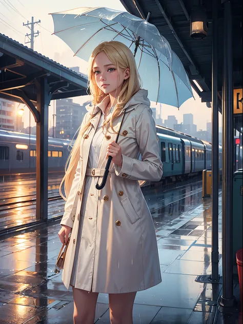 painting of a blonde pretty girl standing on a train platform, porcelain skin, holding an umbrella in the morning, not going anywhere, after rain and no girls, under rain, in the rain, tears in the rain, lone girl waiting for the train, ((morning)), detail...