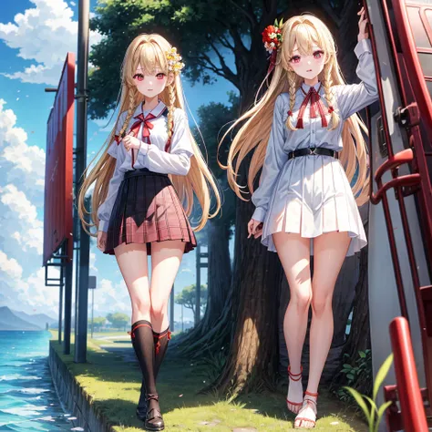 a blond、red eyes、Braids、one good looking girl、独奏、animesque、lightly dressed、Plaid miniskirt、flower petals、knee high、wetting hair、Black T-shirt、large tree、cherry trees、sea of clouds、railroad crossing