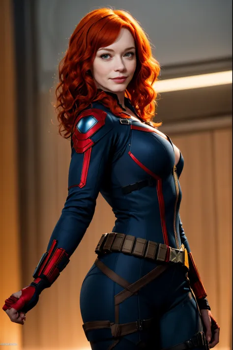 young 25 year old christina hendricks as black widow from marvel comics, sly smile, perfect hands, high detail face, pale fair d...