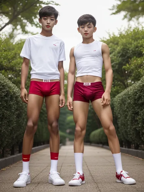 16 years old teenagers , very young , light-skin , wearing an dark red sexy underwear, tmasterpiece，k hd，the feet，Transparent sports vest，semi transparent，black long socks，The barefoot , red colour , handsome and cute , extreme cute boy , white skin , dark...