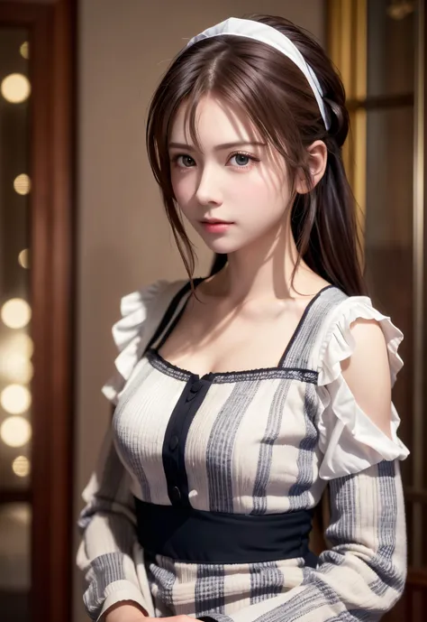 8K, of the highest quality, masutepiece:1.2), (Realistic, Photorealsitic:1.37), of the highest quality, masutepiece, Beautiful young woman, Pensive expression,、A charming、and an inviting look, Cute Maid Clothes, Hair tied back, Cinematic background, Light ...