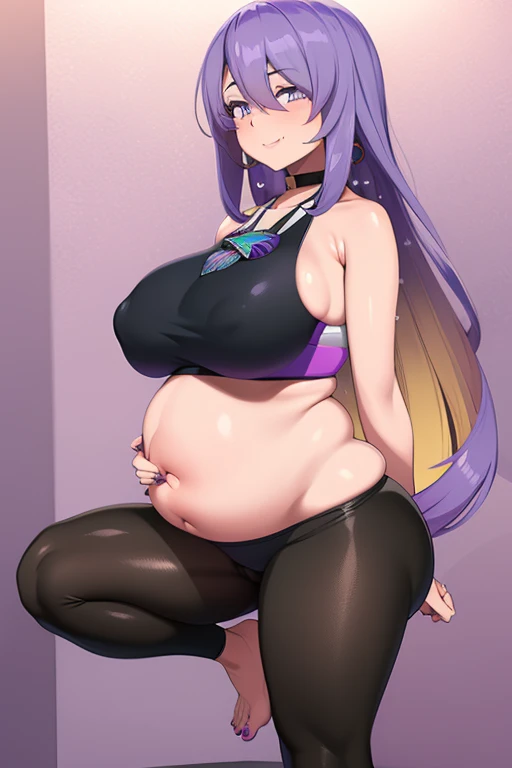 moona hoshinova - hololive, 1girl, (((bimbo))), purple long hair, purple eyes, (((bimbo))), thin lips, painted lips, shy smile face, pregnant belly, big belly, wide hips, thick thighs, huge round ass, enormous natural breasts, shiny oily breasts, sports br...