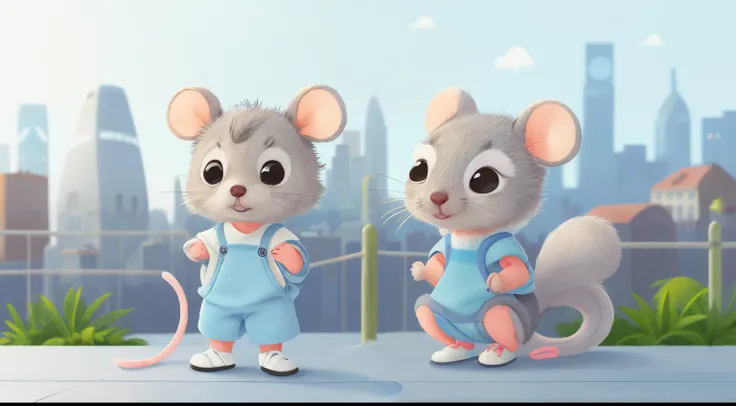 A cute little gray mouse, with sweet blue eyes, dressed in sporty attire, soft fur, round ears, an illuminated face, with a city in the background.