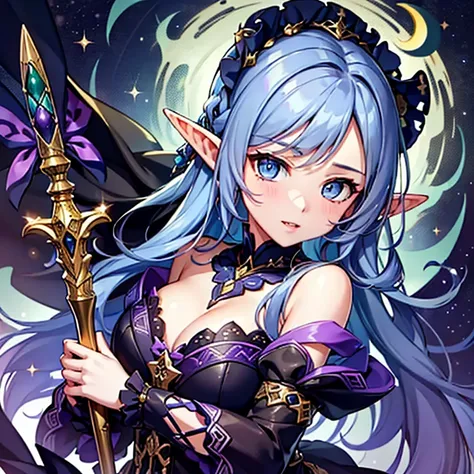 (Masterpiece), ((Highest Quality)),(Official Art),Beautifully Indulgent:1.2),( epic fantasy),(1 Girl: 1.3), (A beautiful woman wearing a gothic Lolitas Black Dress with a detailed frills), , shines faintly in the light of the midnight moon,  short shoulder...