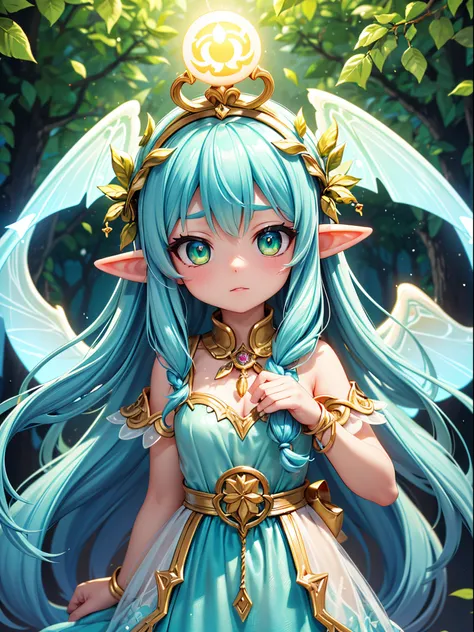 (a close-up medium portrait of a graceful Fae with green eyes, light blue long hairs and elf ears, wearing a green light luminance princess dress decorated with golden decorations, she also wears a thin rope with leaves around her head, a mystical being o...