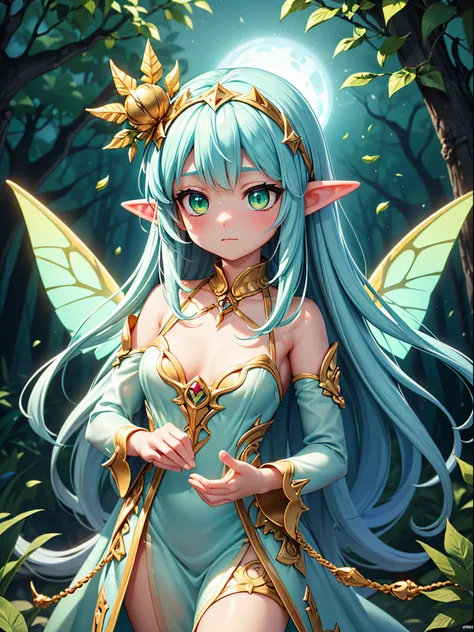 (a close-up medium portrait of a graceful Fae with green eyes, light blue long hairs and elf ears, wearing a green light luminance princess dress decorated with  golden decorations, she also wears a thin rope with leaves around her head, a mystical being o...