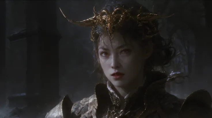 depth of fields, （ Broken），Side face shooting，(the only person:1.4）Alone，1人の女性，Castlevania Shadow Lords Hyper Realistic Super Detailed Dynamic Shot Masterpiece Movie Scene Movie Epic Legend Dracula Leader Holds Demon in Battle Sharp Detailed Movie Scene Mo...