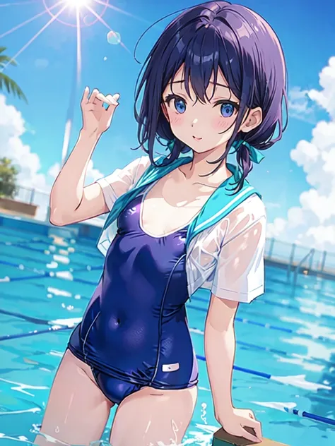 School swim wear、((small tits))、blue