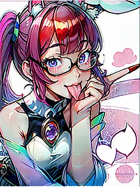 1beautiful girl、profile、Look at the viewer、sixteen years old、sharp outline、cute  face、Head up、Rabbit ears、((big eye、kawaii eyes、a purple eye))、eye glasses、akanbe、tongue、put out the tongue、Stick out the tongue、long tongue、Smile with open mouth、teak、lip stic...