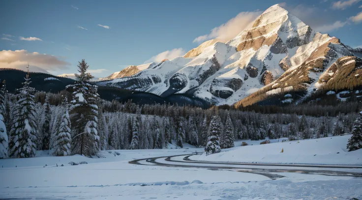 snowy mountain with trees in the foreground, clouds drifting, golden hour