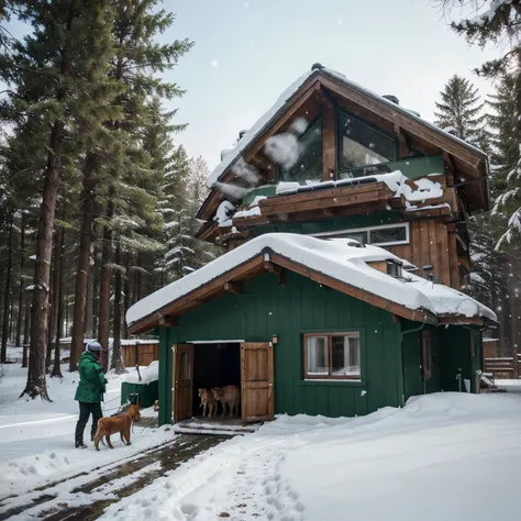 One home in the middle of forest in green colour roof surrounding areas are covered with snow and in front of home two dogs are playing and one man is feeding his horse