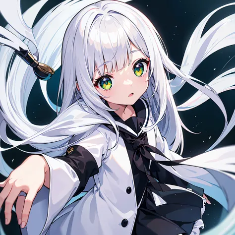 White hair、cute little、girl with、a sailor suit、verd s eyes、Eyes are green、bangs are a little black、Part of the bangs are black、main color is green