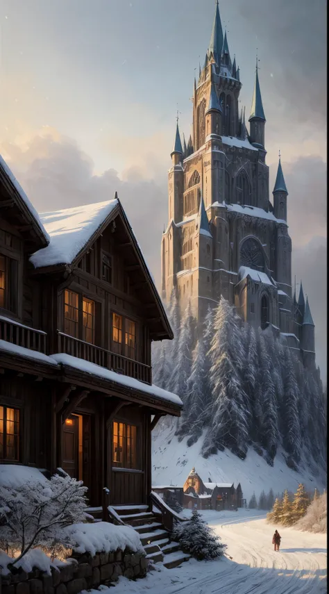 (extremely detailed CG unity 8k wallpaper), full shot photo of the most beautiful artwork of a medieval castle, snow falling, nostalgia, grass hills, professional majestic oil painting by Ed Blinkey, Atey Ghailan, by Jeremy Mann, Greg Manchess, Antonio Mor...