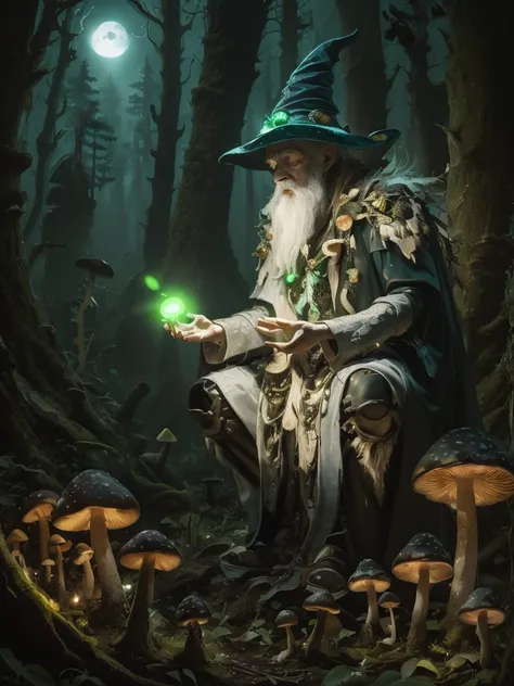 (eerily glowing mushrooms),mushrooms glow,(an old wizard praying in front of a mushroom),more about the well-worn wizard&#39;cos...