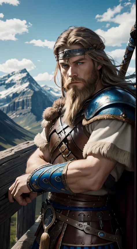 masterpiece, a Viking warrior, blue eyes, brave heart, untamed wilderness surrounding his home