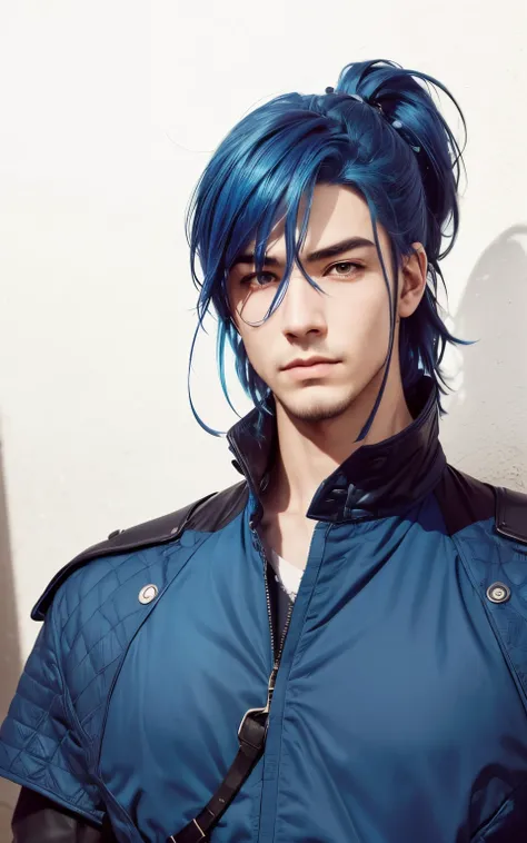 A man with realistic blue hair, (same realistic hairstyle), realistic handsome face, realistic cool expression, adapt the same realistic clothes,realistic light, realistic shadows, realistic background, good image quality, very good image results, 4k, ultr...