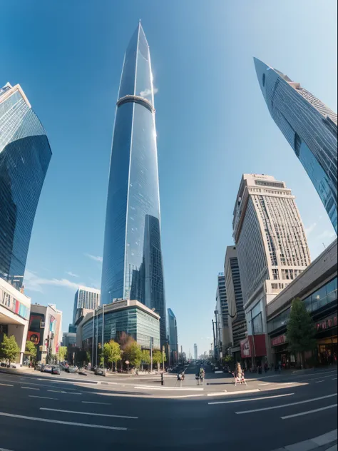 Giant skyscraper, large, mall, road in front of mall, high tech, wide angle, no one, day time