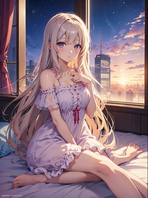 anime girl in a nightgown sitting on a bed with a city view, anime visual of a cute girl, seductive anime girl, cute anime waifu in a nice dress, beautiful anime girl, pretty anime girl, smooth anime cg art, cute anime girl, (anime girl), attractive anime ...