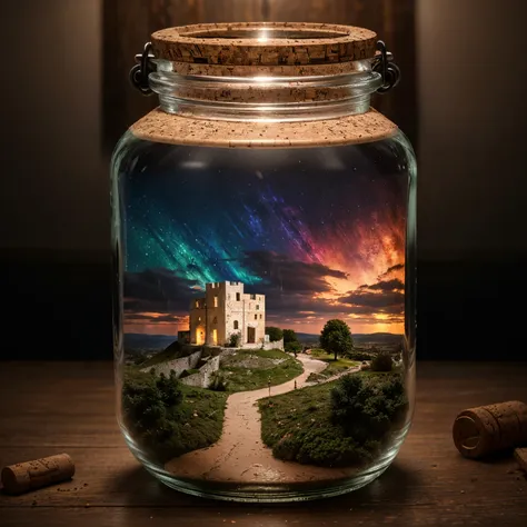 (an intricate minitown matera landscape trapped in a jar with cork), atmospheric greenish lighting, realism, film grain, super d...