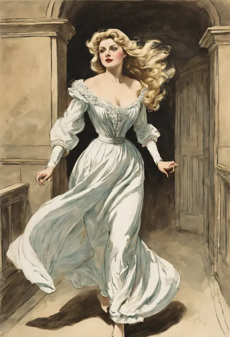 Brigitte Bardot as a buxom young Victorian woman, in a flowing white nightgown, running screaming through the dark corridor of an old castle, pursued by an elderly nobleman, romance, coloured drawing by Ivor Davies, in flowing gowns, coloured drawing by He...