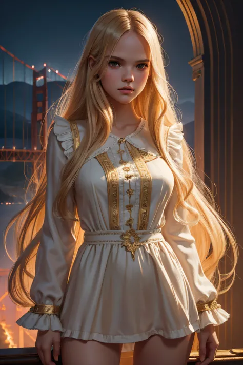 Gabriella Wilde, baby doll sexy clothes, stand in front of the Golden Gate character portrait, 3 9 9 0 s, long hair, intricate, elegant, highly detailed, digital painting, artstation, concept art, smooth, sharp focus, illustration, art by wlop, charlie bow...