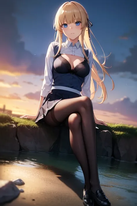 eririspencer, eriri sawamura spencer, blonde hair, blue eyes, blunt bangs, hime cut, long hair, full body, full pose, ((medium BREASTS)), happy face, teeth, Grimace, ((sitting on rock)), ((crossed legs)), BREAK, black skirt, ((black pantyhose)), pleated sk...