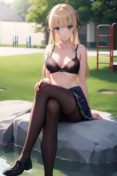 eririspencer, eriri sawamura spencer, blonde hair, blue eyes, blunt bangs, hime cut, long hair, full body, full pose, ((medium BREASTS)), happy face, teeth, Grimace, ((sitting on rock)), ((crossed legs)), BREAK, black skirt, ((black pantyhose)), pleated sk...