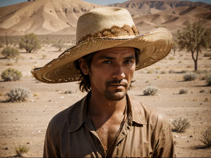 a handome man, with a cowboy hat, real, in desert, depth of field,