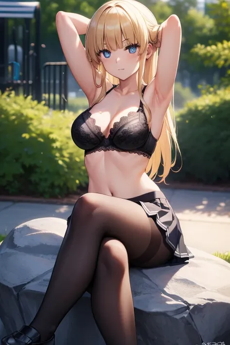 eririspencer, eriri sawamura spencer, blonde hair, blue eyes, blunt bangs, hime cut, long hair, full body, full pose, ((medium BREASTS)), happy face, teeth, Grimace, ((sitting on rock)), ((crossed legs)), BREAK, black skirt, ((black pantyhose)),((armpits))...