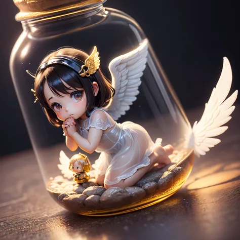 ​masterpiece、top-quality、ultra-detailliert、(A small chibi angel in a transparent glass bottle:1.2).。Prayer Pose、8K