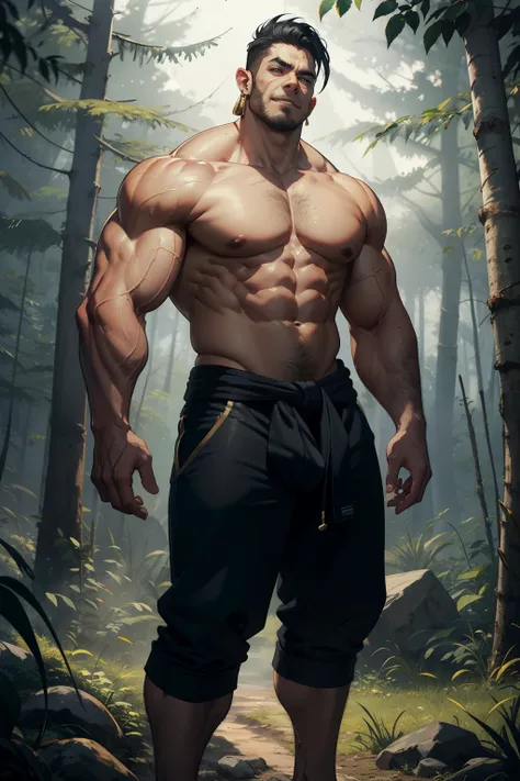 an orc with green skin, with short, messy black hair, with thick eyebrows, with long ears, with big muscular shoulders, with a big muscular back, with a hairy chest, with big muscular arms, with big veiny arms, with a muscular stomach, with big hairy thigh...