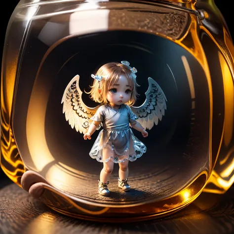 ​masterpiece、top-quality、ultra-detailliert、(little chibi angel in a transparent glass bottle:1.2).。Prayer Pose、snowflakes falling、8K