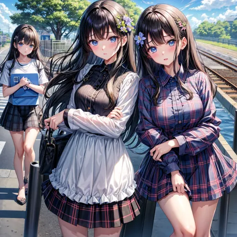 A dark-haired、blue eyess、one good looking girl、独奏、animesque、lightly dressed、Plaid miniskirt、flower petals、wetting hair、Black T-shirt、large tree、sea of clouds、railroad crossing