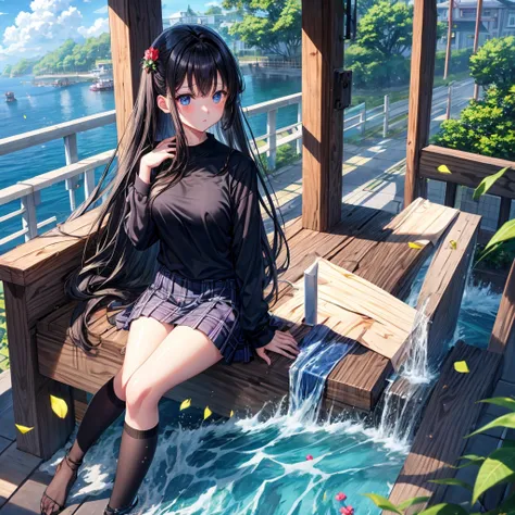 A dark-haired、blue eyess、one good looking girl、独奏、animesque、lightly dressed、Plaid miniskirt、flower petals、wetting hair、Black T-shirt、large tree、sea of clouds、railroad crossing