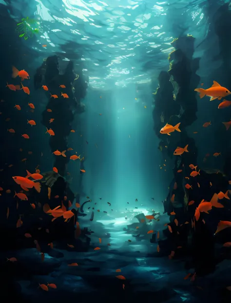 There are many fish swimming in the water near the cave, Underwater scenery, Underwater scene, beautiful digital painting, amazing depth, underwater landscape, undersea environment, underwater environment, Underwater scenery, ocean floor, gorgeous digital ...