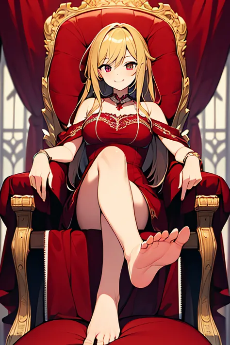 ((best quality)), ((masterpiece)), (detailed), perfect face, scarlet, final fantasy, red dress, smiling, bedroom, blonde, barefoot, fullbody, sitting, throne, big feet, soles