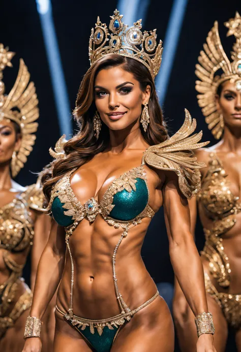 (cuerpo completo), hembra alienigena musculada culturista, bellisima, en bikini, en plena exibicion de miss universo culturista, en las instalaciones de mis universo, intricate details of the highest quality machine), nitidez absoluta, iluminacion perfecta...