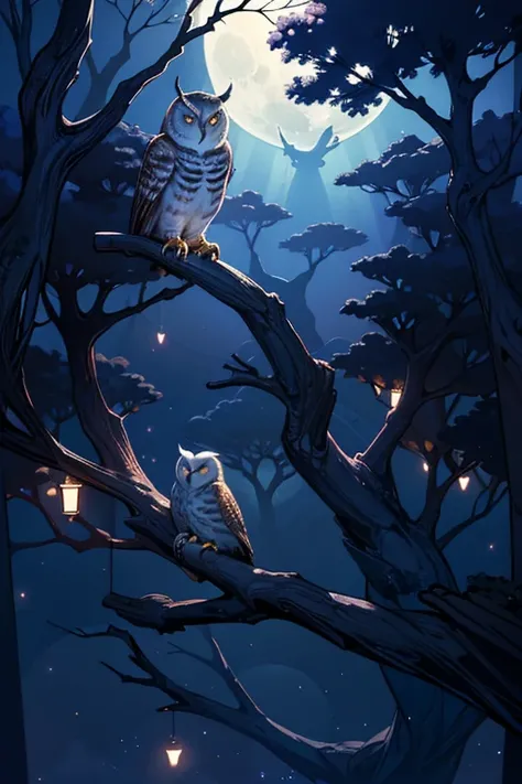 An owl standing on a branch, tmasterpiece, Best quality, ultra - detailed, bigger, cloud, exquisite lighting, themoon, nigh sky, natta,