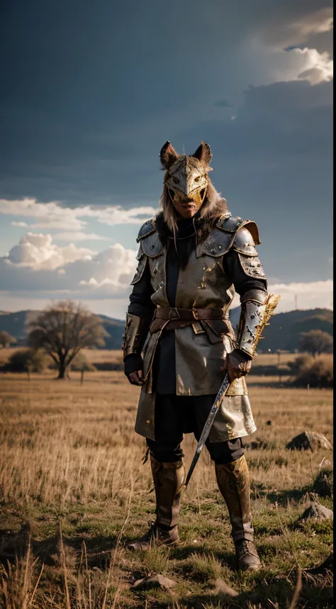 A warrior with a half broken wild boar mask,, damaged gold and gray coat standing in the field while holding sword,anime style