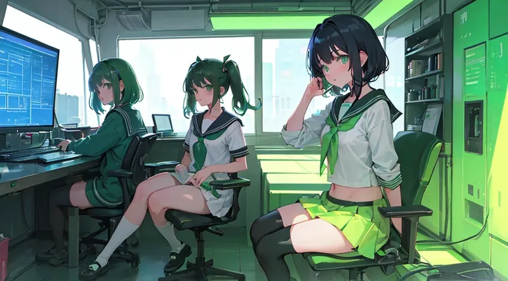 (3 girls, black hair, green eyes, sailor suit, kawaii, operating), (green cyberpunk, room with big monitors, green neon)