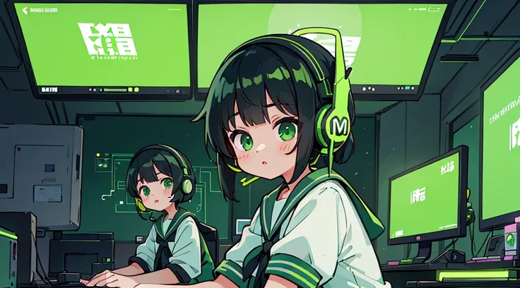 (3 girls, black hair, green eyes, sailor suit, headset, operating, kawaii), (green cyberpunk, room with big monitors, green neon)