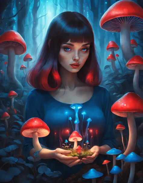 beth hamity style，Woman holding blue and red glowing mushroom garden drawing, ，snail，Pop surrealism,  Integrated into Ligent, surreal teen, dreamlike illustration, Dripping honey, hyperrealistic aesthetic,  genetic engineering