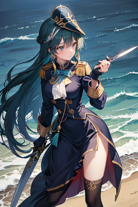 masuter piece, in a full body, girl with, High school students, Jade-colored long hair, waves are applied, in navy blue, Retro, musketeer style, Uniforms, Cross earrings, holds a sword, Phantom Mask, Doing