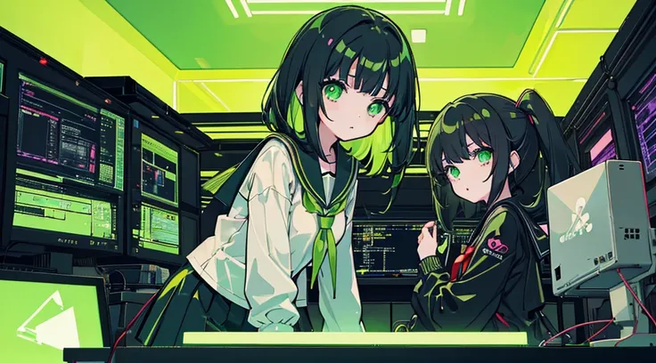 (2 girls, black hair, green eyes, sailor suit, kawaii, consultation), (green cyberpunk, room with big monitors, green neon)