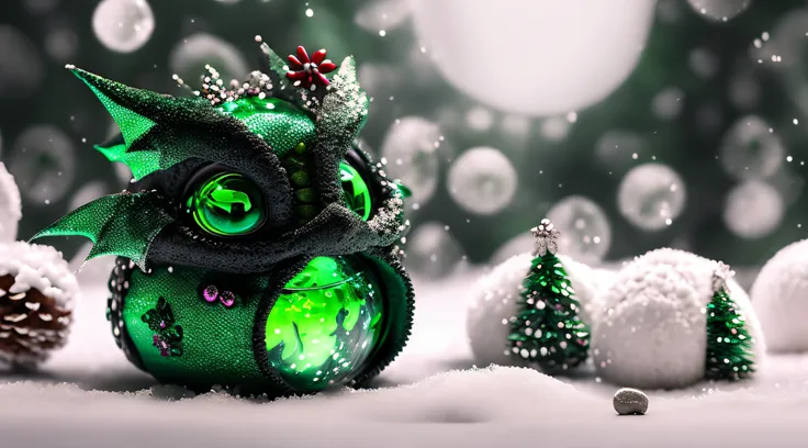 Genetic Modification: fantastic plush beautiful tiny black and green (dragon) inside a transparent ball, Huge expressive eyes, Christmas, (New Year), the, fir, Christmas tree branch, toys, snow whirlwind, Fantasy art, Ultra-detailed, hyper realisitc, glitt...