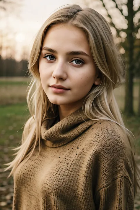 1Girl 13 years old, nur, Lange Haare, boobplate, Blick auf den Betrachter, blondes Haar, nackte Schultern, braune Augen, Schmuck, full entire body, Halskette, schulterfrei, Pullover, Lippen, realistisch, Nase, Flirten mit der Kamera