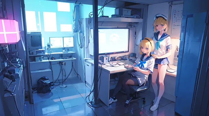 (2 girls, blonde hair, blue eyes, sailor suit, kawaii, meeting), (blue cyberpunk, room with big monitors, blue neon)