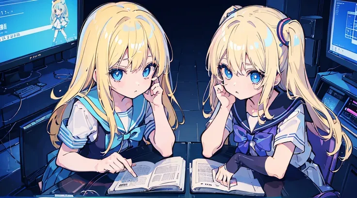 (2 girls, blonde hair, blue eyes, sailor suit, kawaii, meeting), (blue cyberpunk, room with big monitors, blue neon)