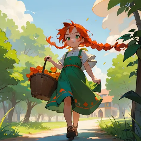 High Detail, Ultra Detail, Ultra High Resolution A cute and innocent girl, child, toddler, (green eyes, red-orange hair, braided hairstyle)(wearing a green dress), walking down a street in a little town, holding a basket of fruits, warm sun sprinkling on h...